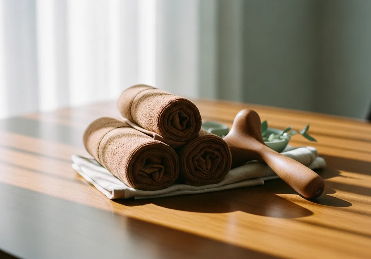 Rolled massage towels and a wooden massage tool on a wood table, the warm at-home setup for a mobile massage focused on back tension.
