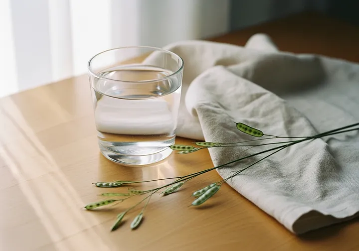 A glass of water, a folded linen towel and green stems on a wood table, the gentle setup for a mobile lymphatic drainage massage by Mirek.