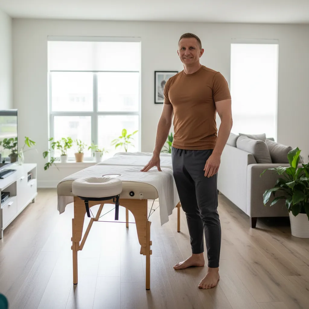 Mirek Werykowicz, RMT, with his professional portable massage table