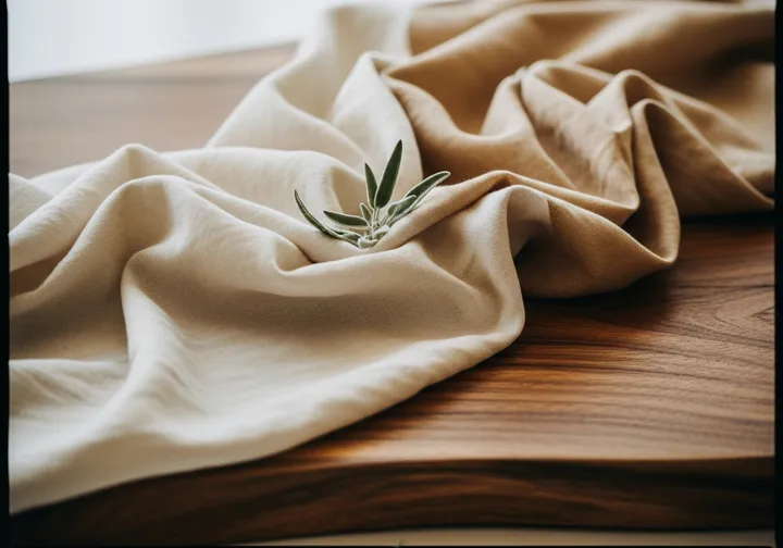 Softly draped linen on a walnut table with a small sage sprig, the warm, natural setup for mobile myofascial release by Mirek.