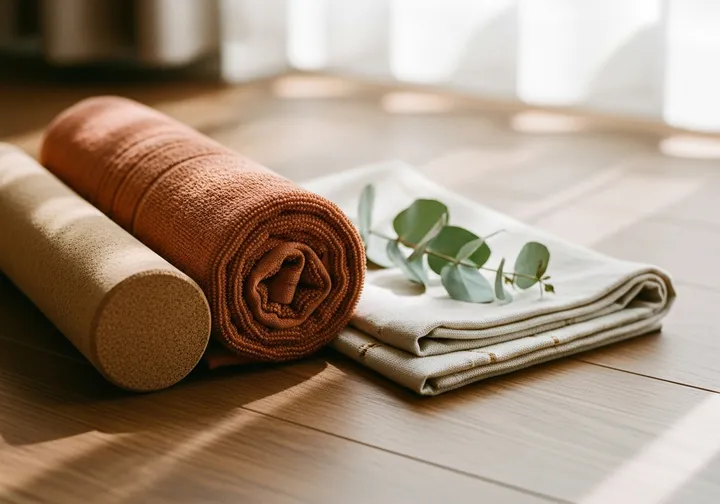 A rolled towel and a cork massage roller with a eucalyptus sprig, the at-home setup for a mobile sports massage by Mirek.