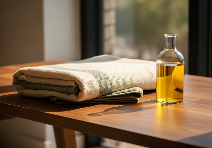 A folded towel beside a glass bottle of massage oil on a sunlit table, the calm setup for a mobile Swedish relaxation massage by Mirek.