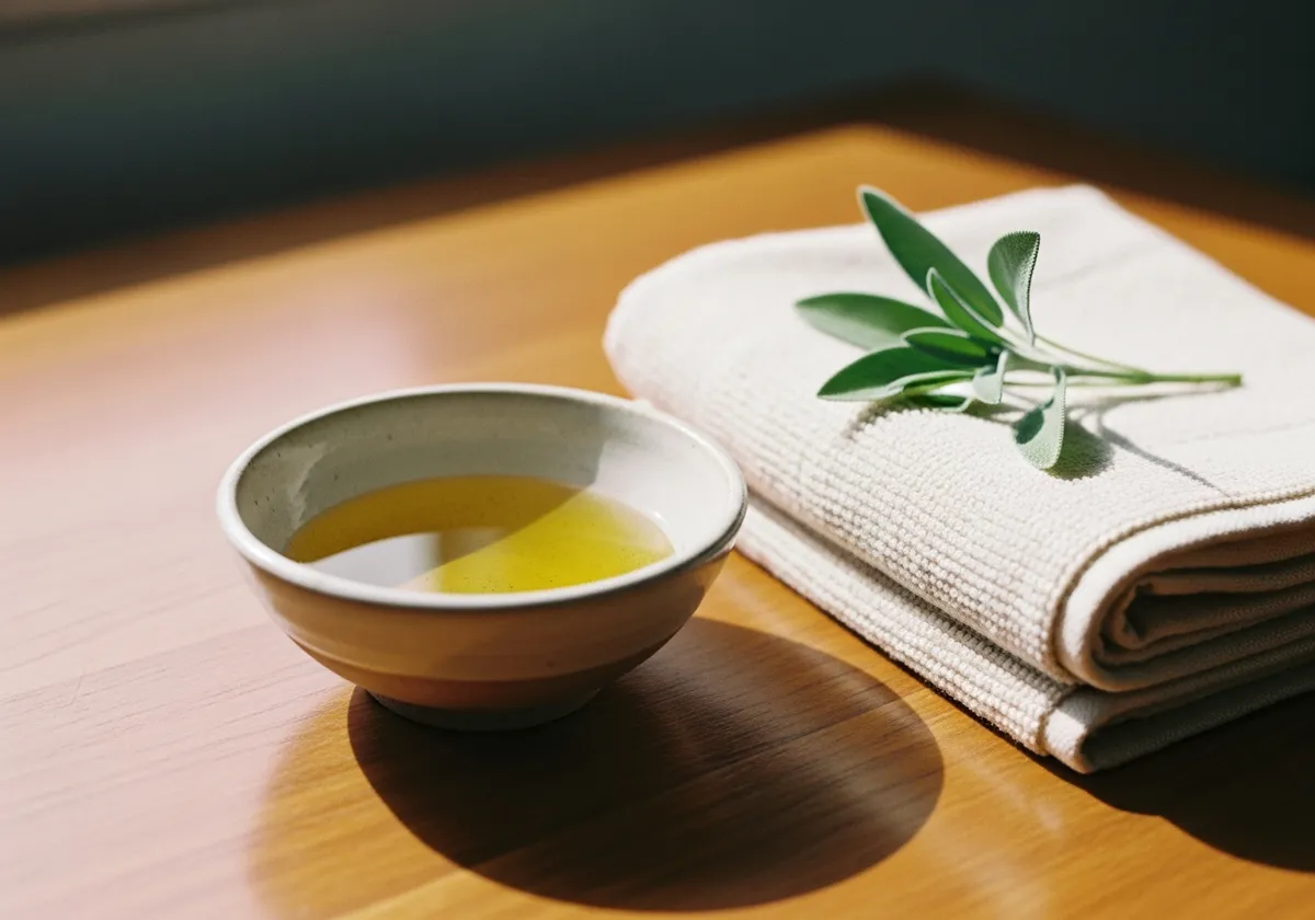 A bowl of massage oil and a folded towel with a sage sprig on a wood table, the professional setup behind an official RMT receipt.
