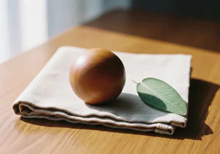 A smooth wooden massage ball on a folded linen cloth with a sage leaf, the calm setup for mobile trigger point therapy by Mirek.